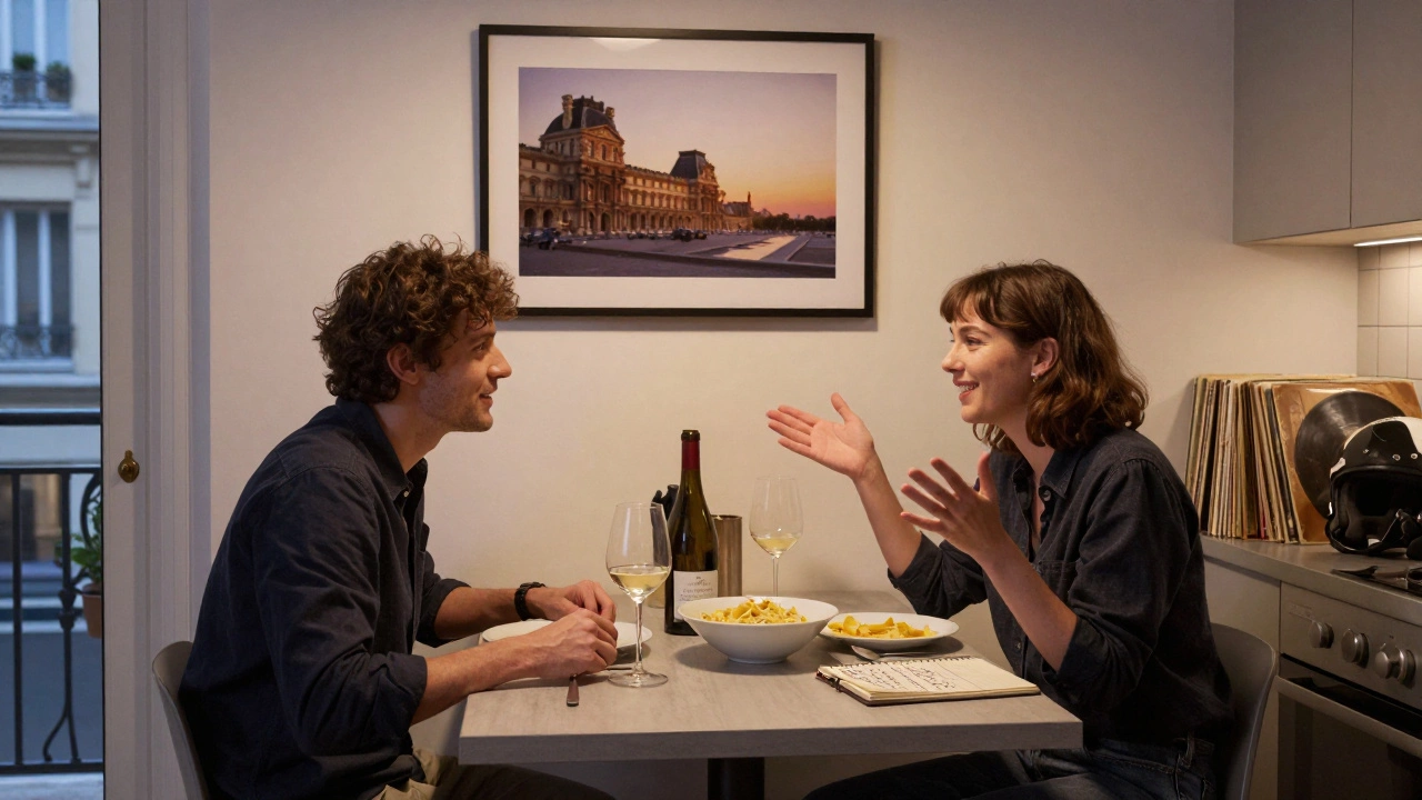 A intimate kitchen scene in Paris with two people sharing pasta and wine, surrounded by vinyl records and handwritten notes.