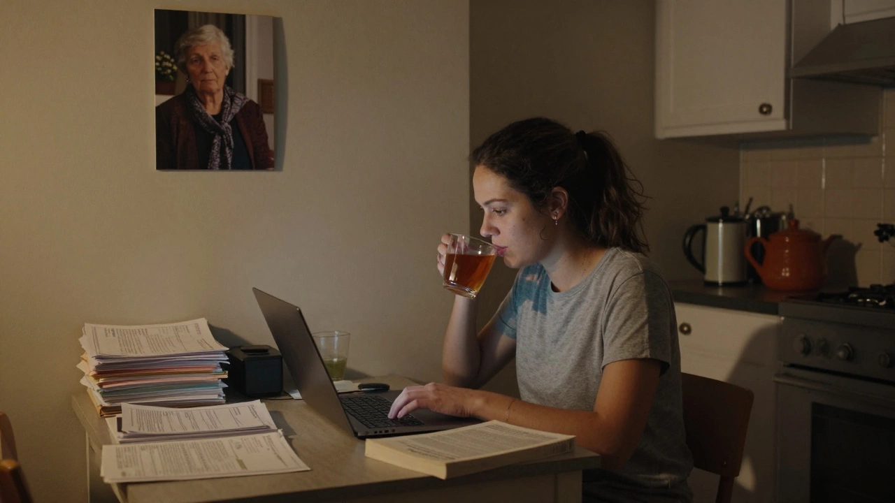 A woman works late at night in a modest kitchen, laptop open, tea beside her, medical bills and books on the table.