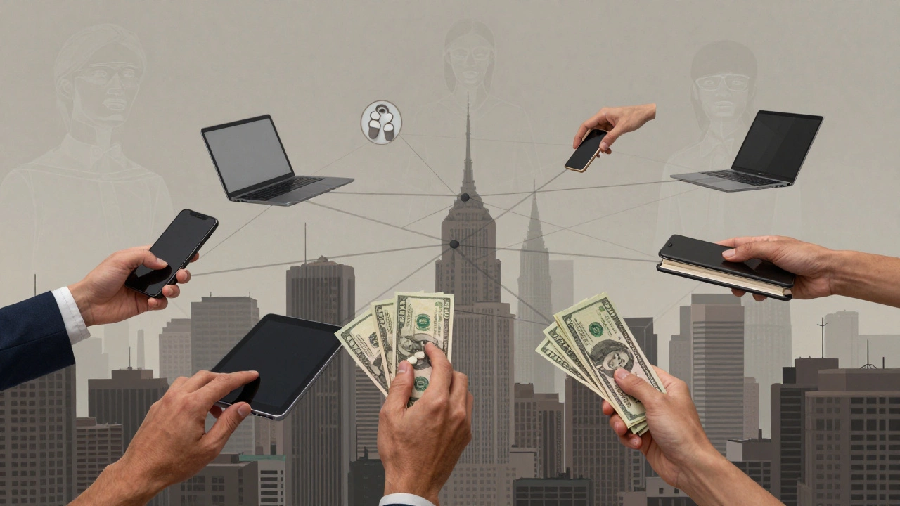 Digital hands connect through screens above a city, symbolizing sex workers resisting algorithmic erasure and economic hardship.