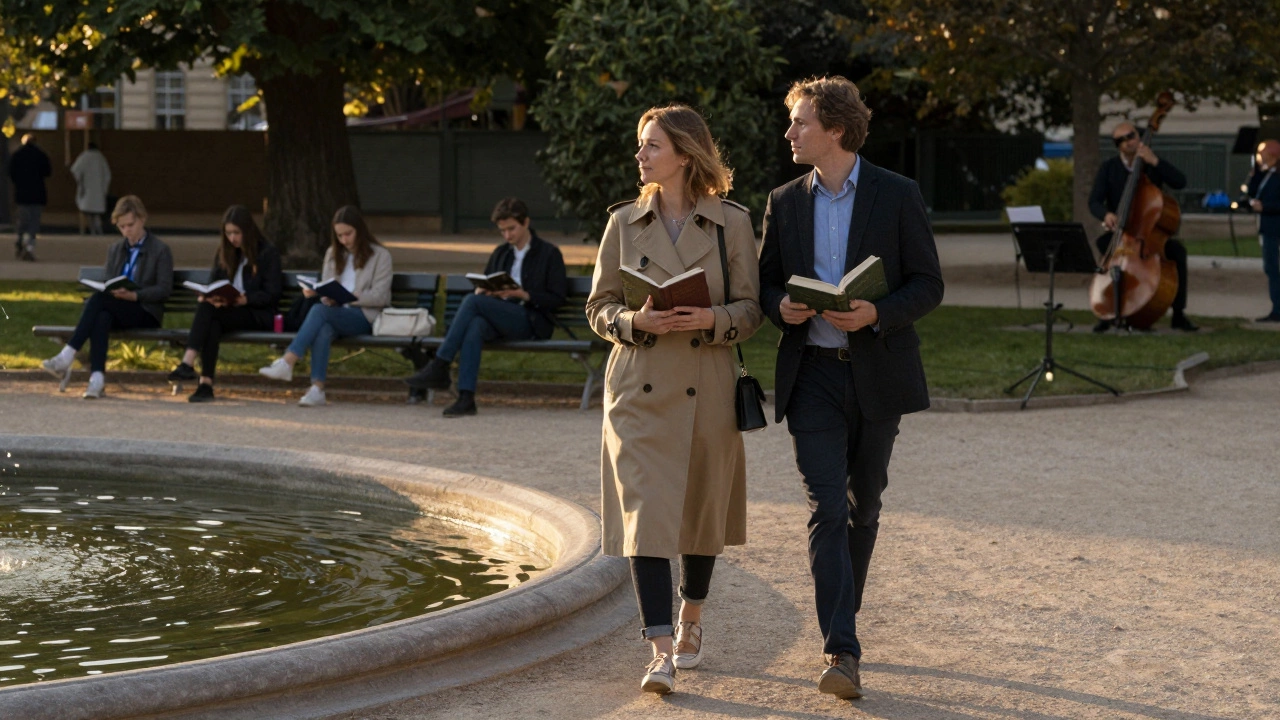 Two people walking peacefully through Luxembourg Gardens at sunset, books in hand, surrounded by the calm of Parisian life.
